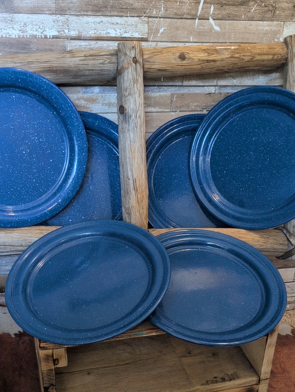 Set Of 6 10.5" Blue/White Speckled Enamelware Camping Plates